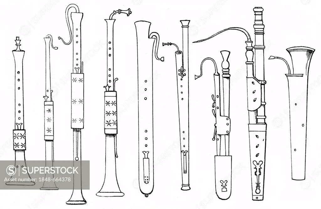 posterior Jane Austen Touhou Historical drawing, various forms of ancient woodwind instruments, pommer,  shawm, oboe, bassoon - SuperStock