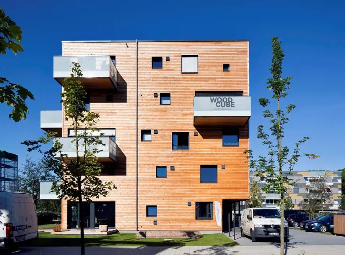 Woodcube residential house, International Building Exhibition Hamburg, Inselpark, Wilhelmsburg, Hamburg, Germany