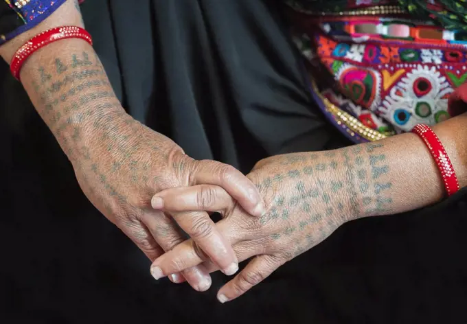 Tattooed arms and hands of a woman, Dhebariya Rabari community, Great Rann of Kutch Desert, Gujarat, India, Asia