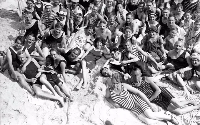 Group with bathers on the beach, funny, laughing, summer holidays, holiday, joie de vivre, Baltic Sea, about 1920s, Usedom, Mecklenburg-Western Pomera...