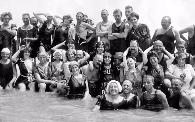 Group with bathers in the water, funny, laughing, summer holidays, holiday, joie de vivre, about 1930s, Baltic Sea, Usedom, Mecklenburg-Western Pomera...