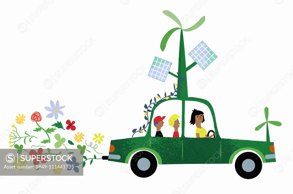 Family in car using renewable energy