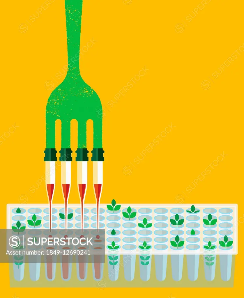 Fork with pipette prongs dripping chemical into test tube tray