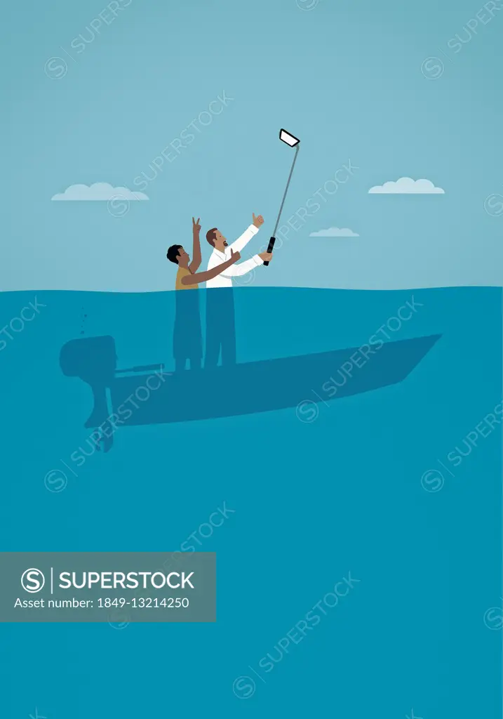 Couple taking selfie on sinking boat