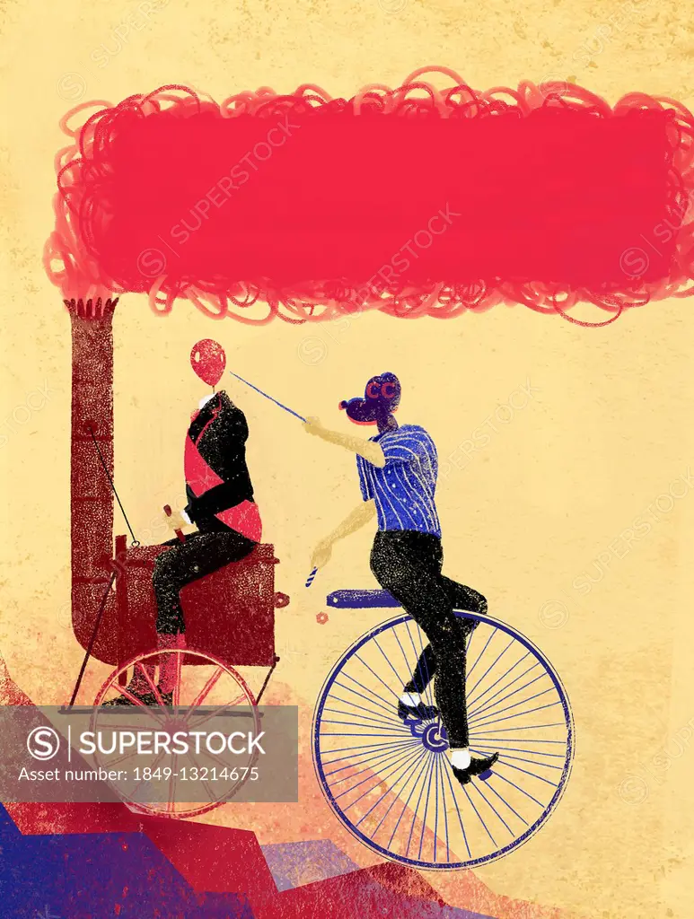Man on unicycle disconnecting coupling with man driving steam engine and popping balloon head