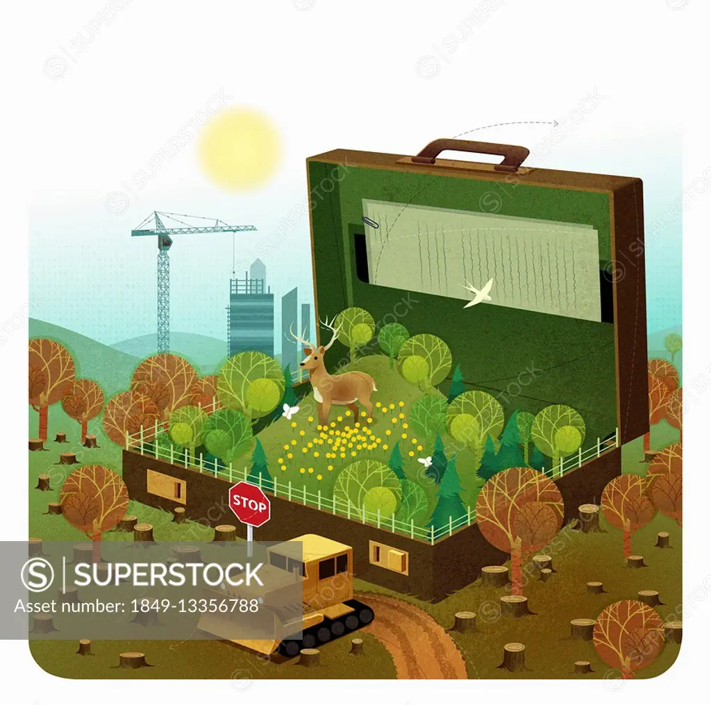 Lush green countryside inside of briefcase surrounded by deforestation