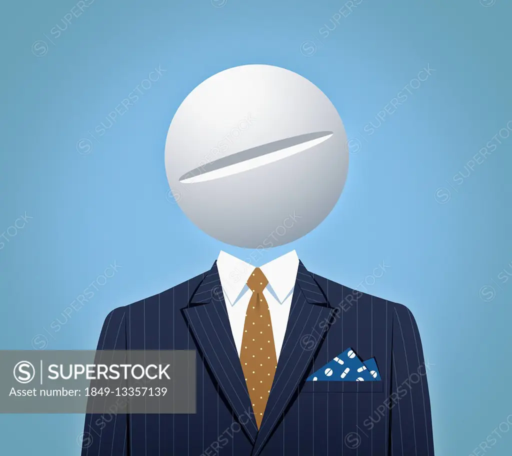 Businessman with large pill for head and pills on breast pocket handkerchief