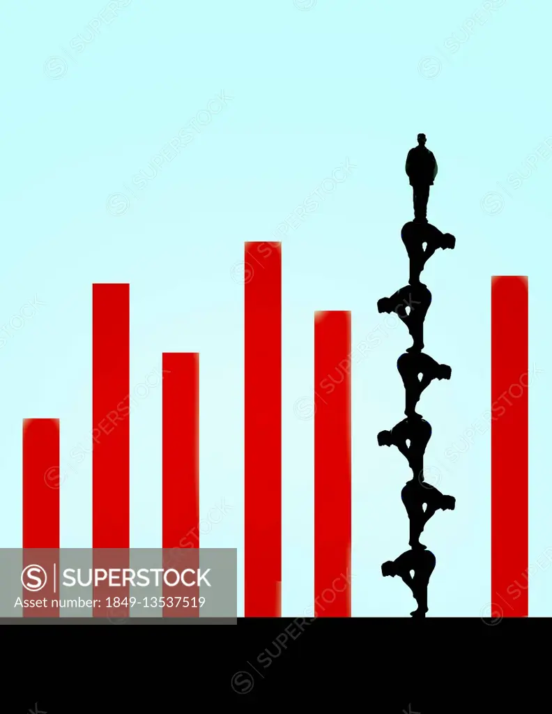 Man standing on top of human pyramid forming column in bar chart