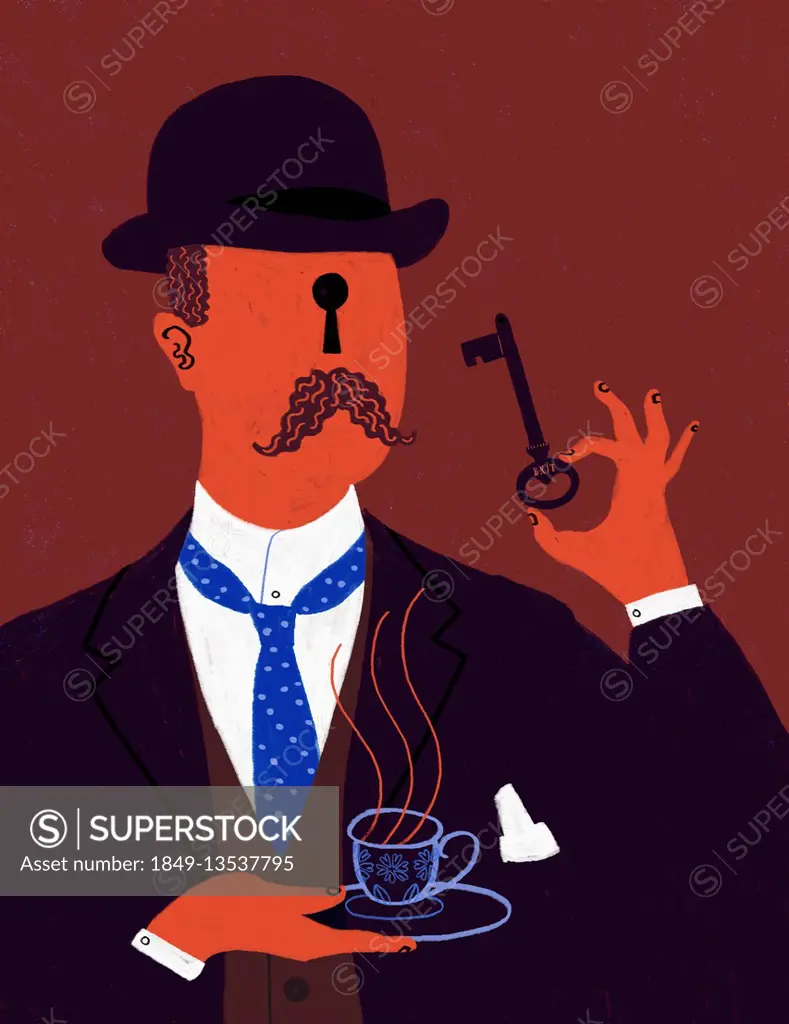 Stereotypical old-fashioned Englishman with exit key and keyhole face