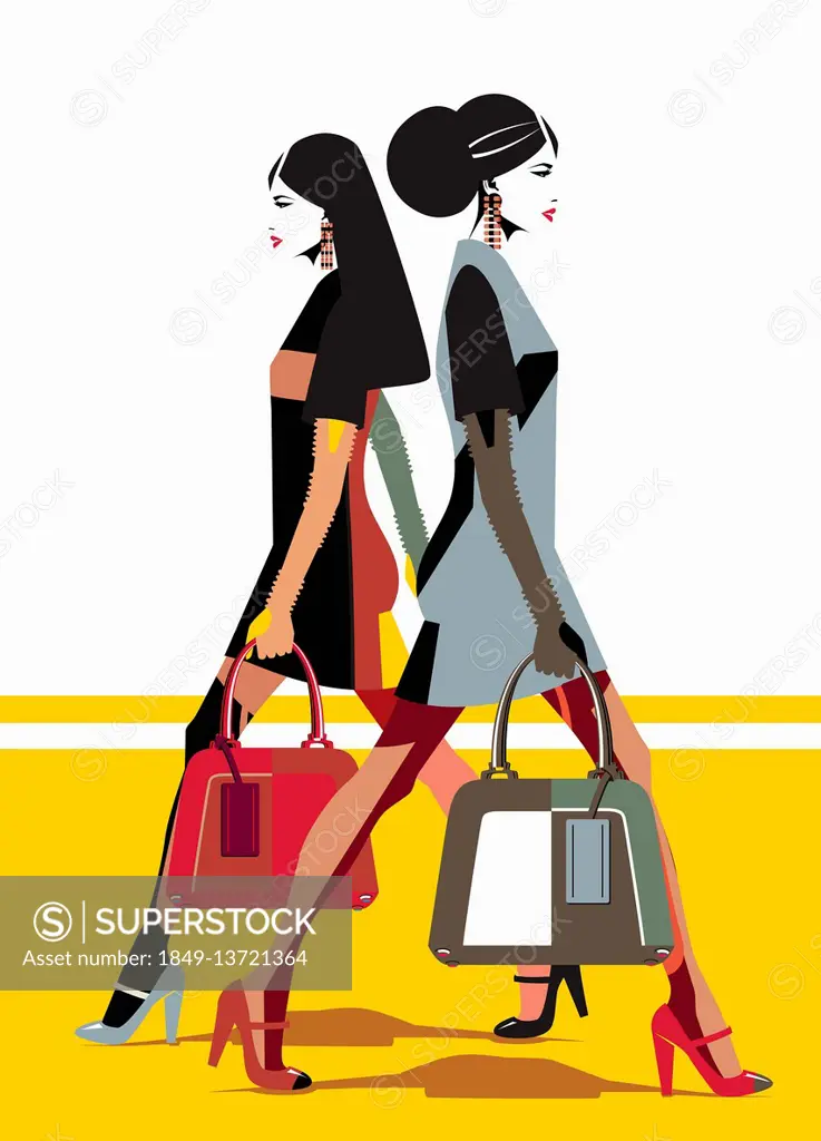 Women wearing similar outfits walking in opposite directions