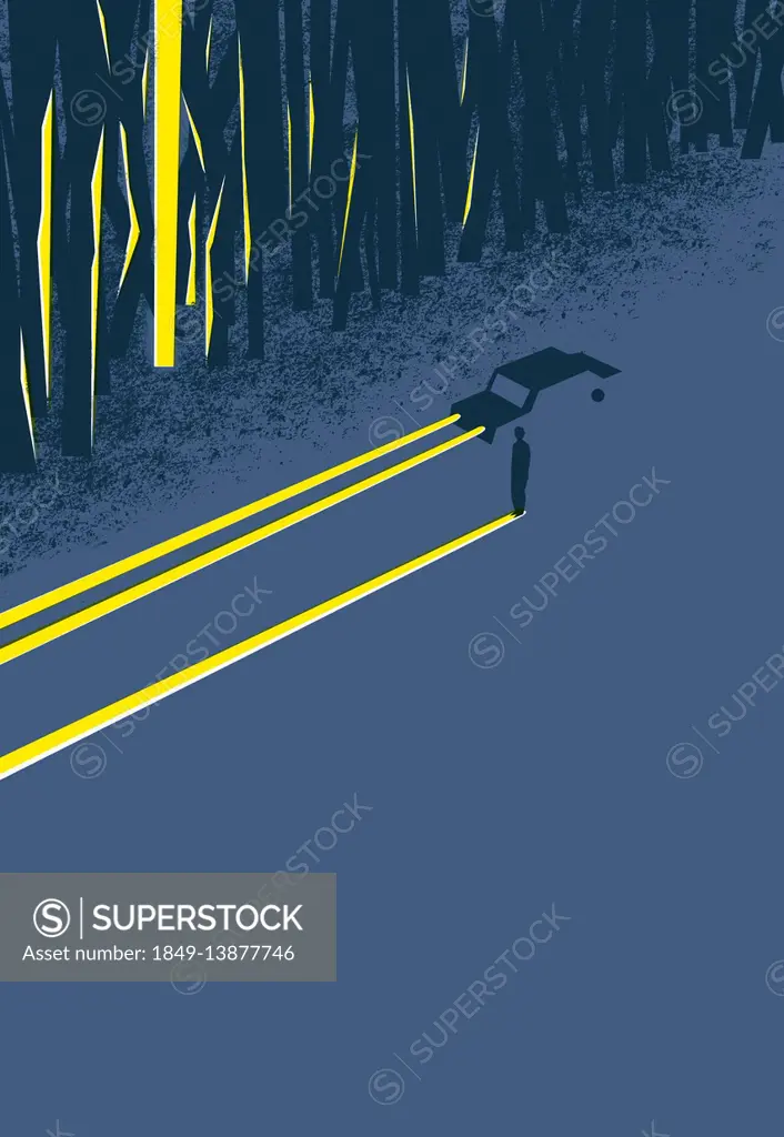 Man stranded beside car on deserted road at night