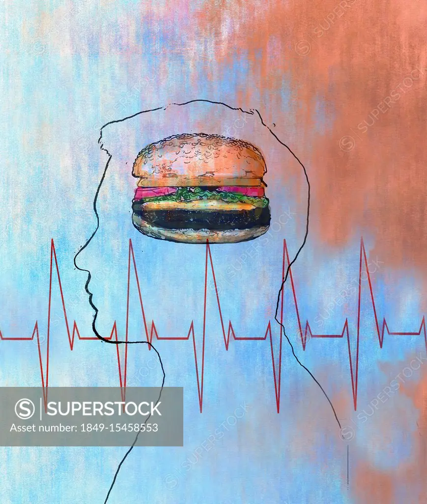 Pulse trace over a man thinking about a large cheeseburger