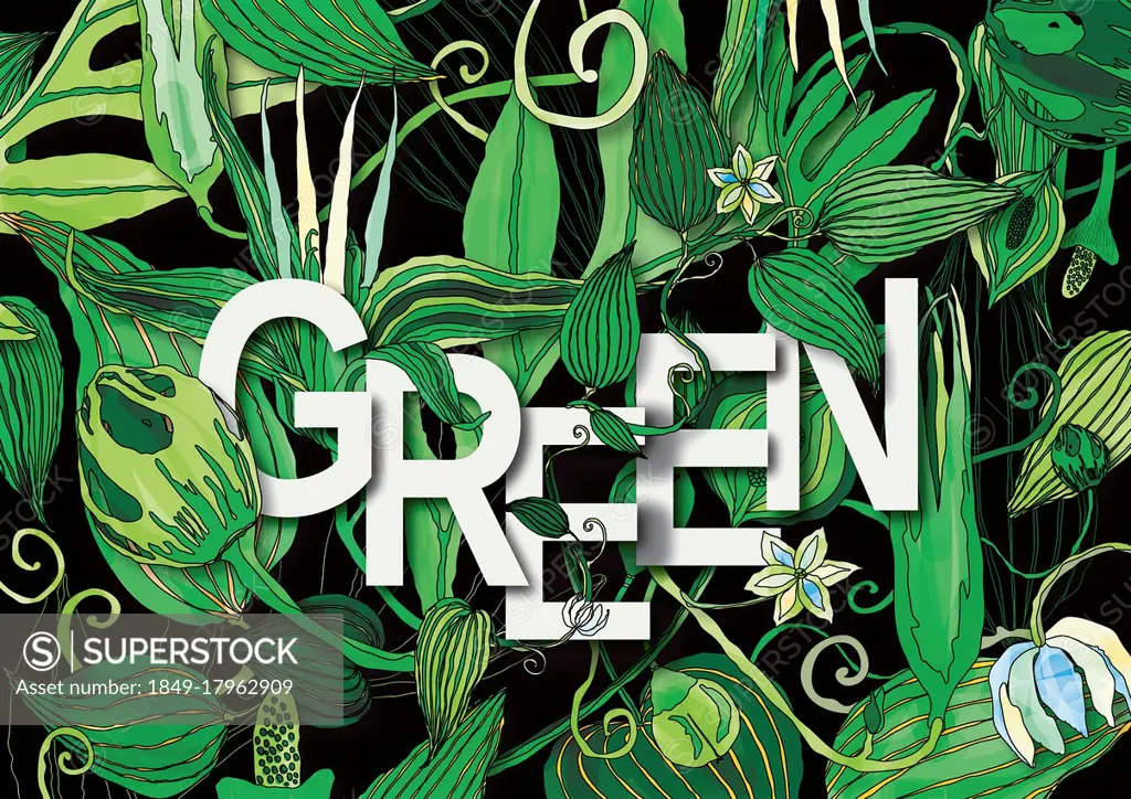 The word GREEN surrounded by lush foliage pattern