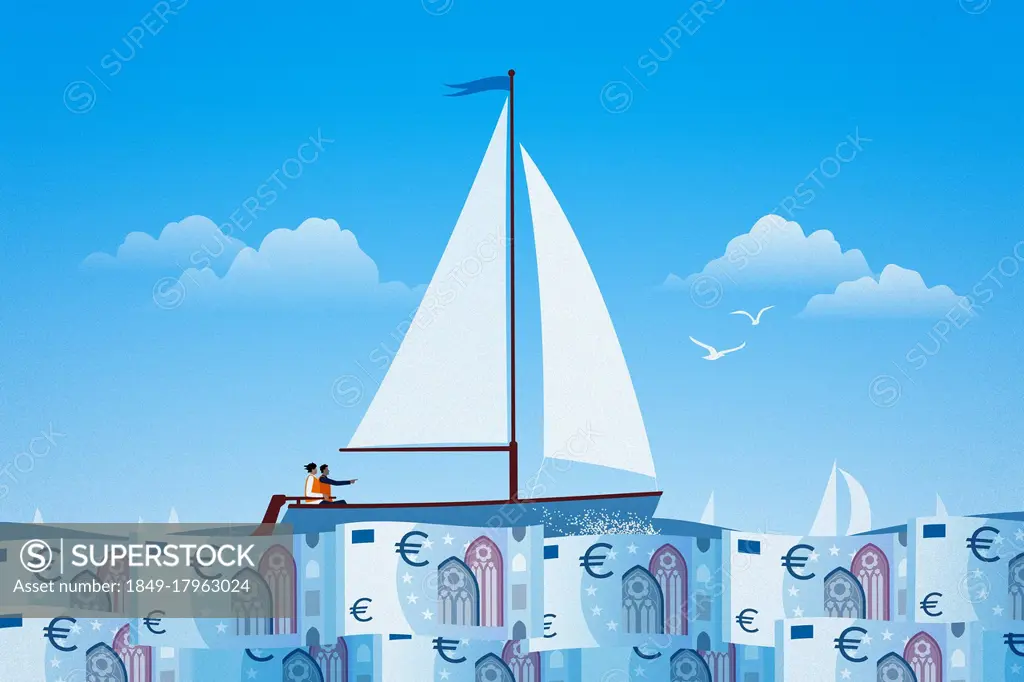 Couple sailing on calm euro note sea