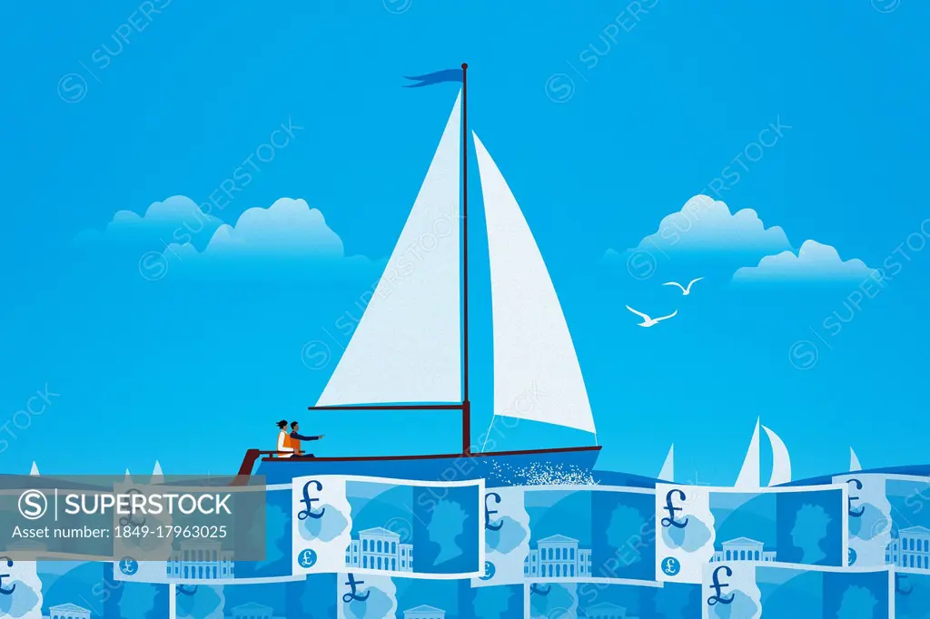 Couple sailing on calm pound note sea
