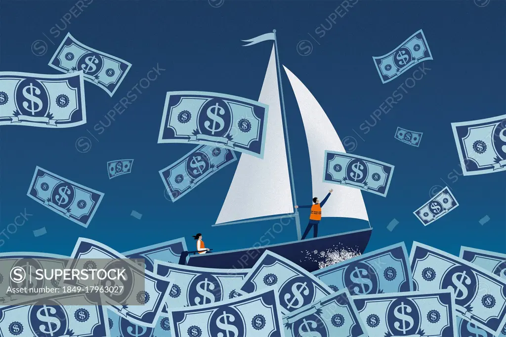 Couple sailing on stormy dollar note sea