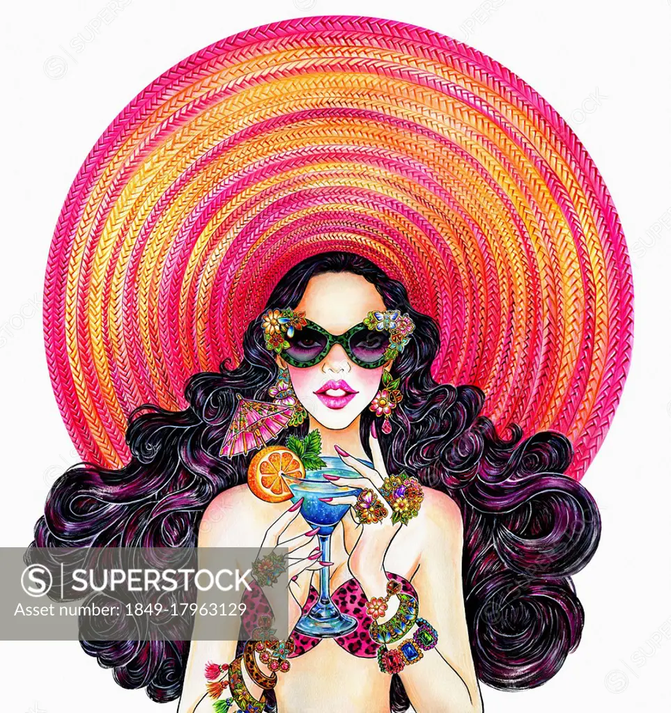 Glamorous woman wearing huge sunhat drinking tropical cocktail