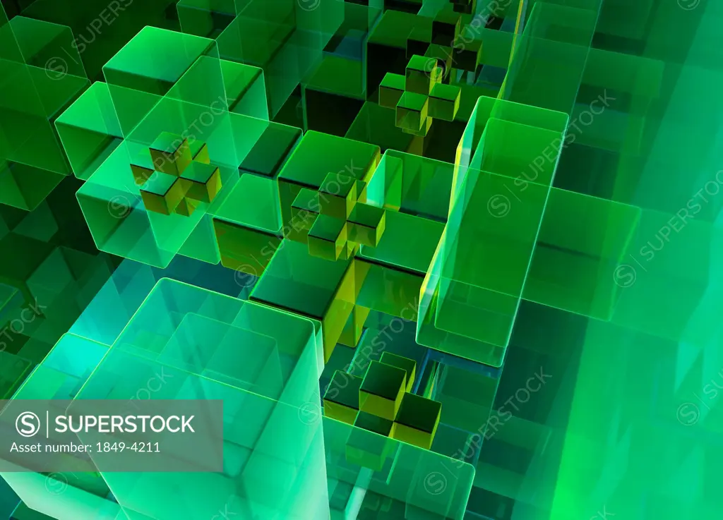 Abstract pattern of digitally generated multi_layered transparent green cubes