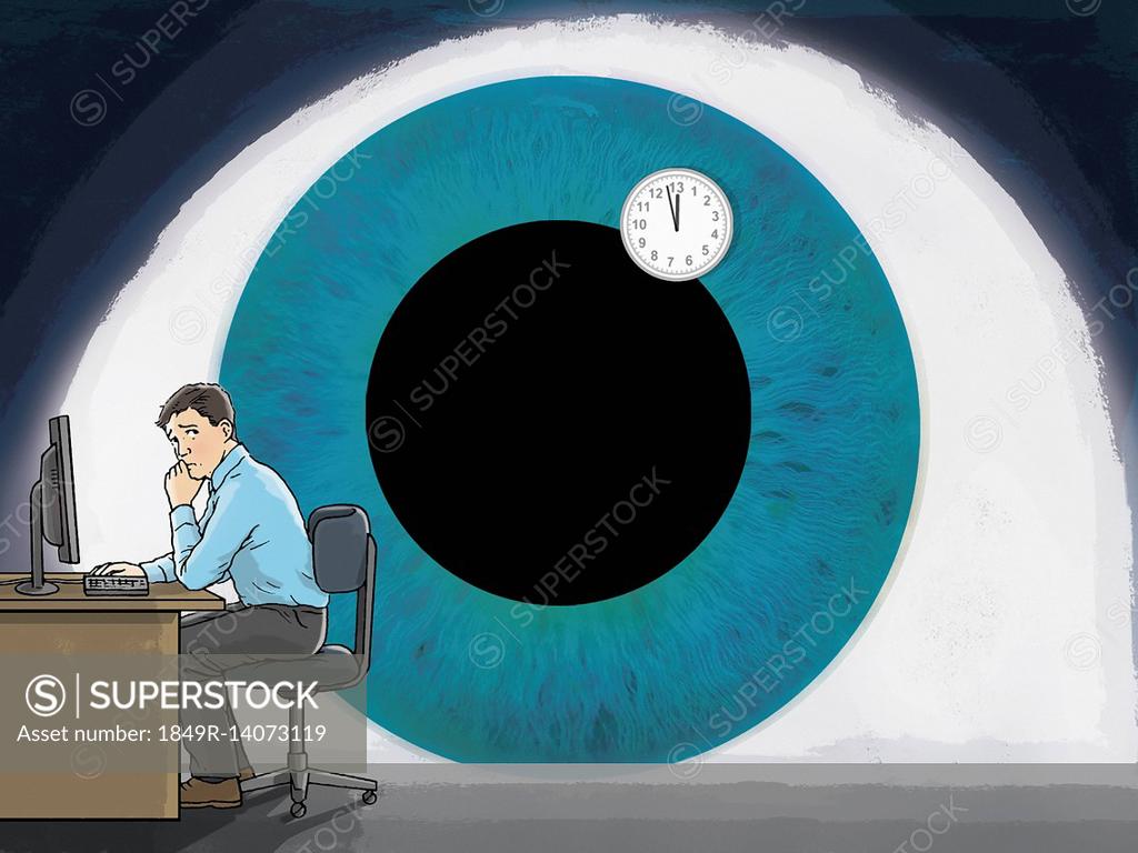 Stock Photo: 1849R-14073119 Large eye surveilling man at desk