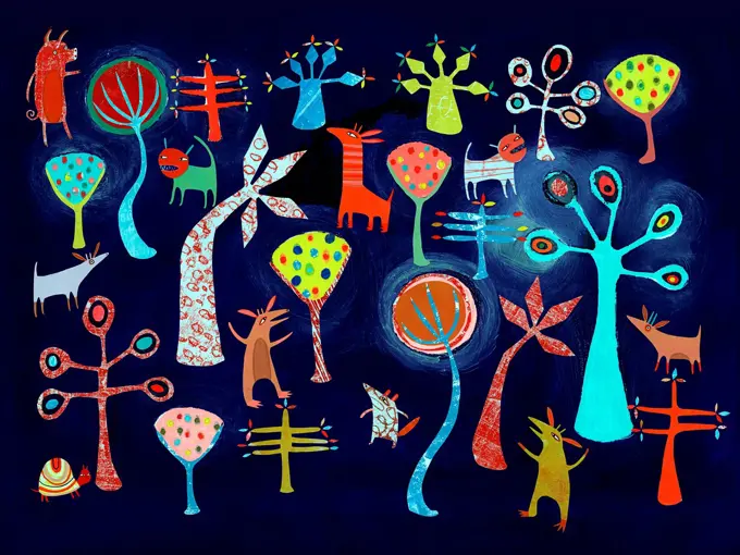 Bright color childhood pattern of animals and trees