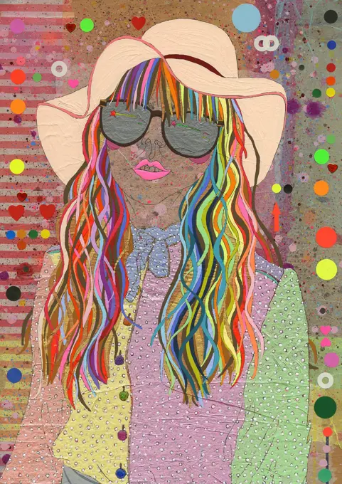 Young woman with multicolored hair wearing sunglasses and sun hat