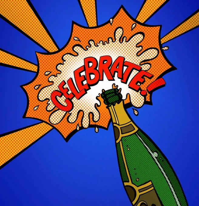 Exploding bottle of champagne with single word celebrate in speech bubble