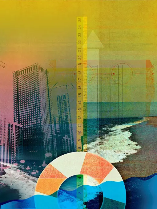 Collage of city skyscrapers, ledger and life ring in sea with ruler measuring rising waves