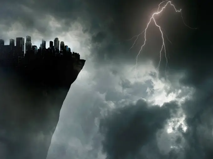 City on the edge of a cliff in thunderstorm