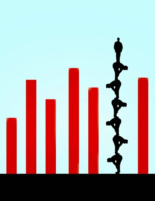 Man standing on top of human pyramid forming column in bar chart