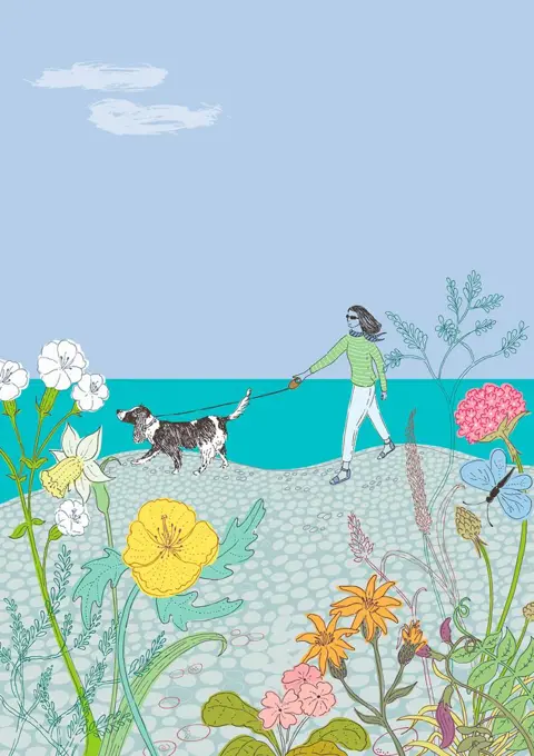 Woman walking dog along beach among spring flowers
