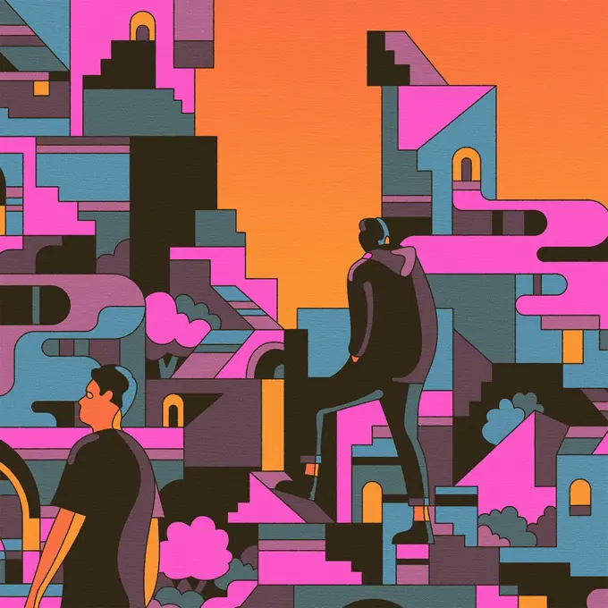 Men wandering through in abstract geometric landscape