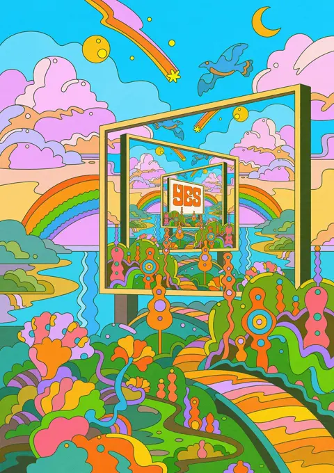 The word YES on billboard in fantasy psychedelic landscape