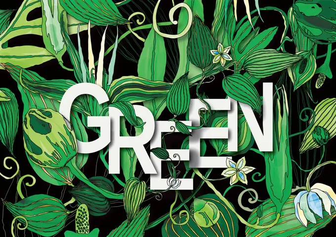 The word GREEN surrounded by lush foliage pattern