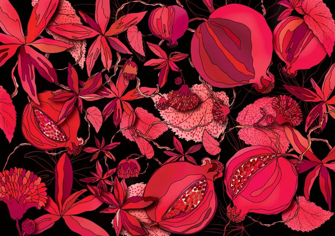 Red foliage and seed head pattern