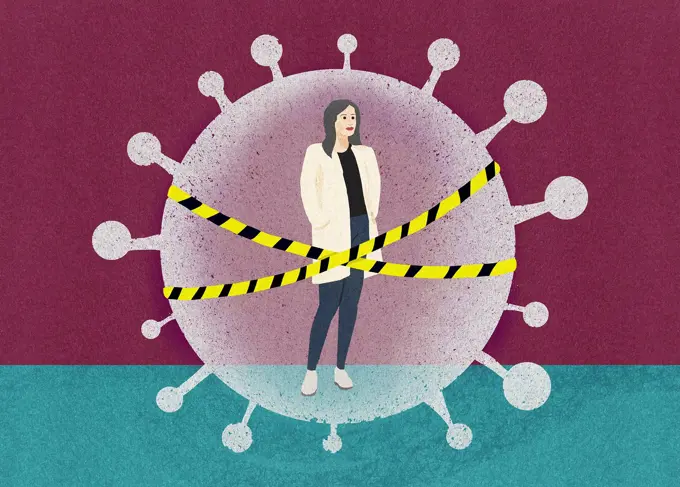 Woman behind security tape inside coronavirus virus organism