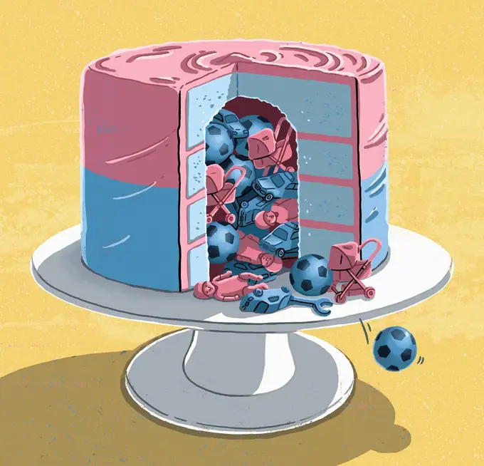 Celebration cake stuffed with gender stereotype toys
