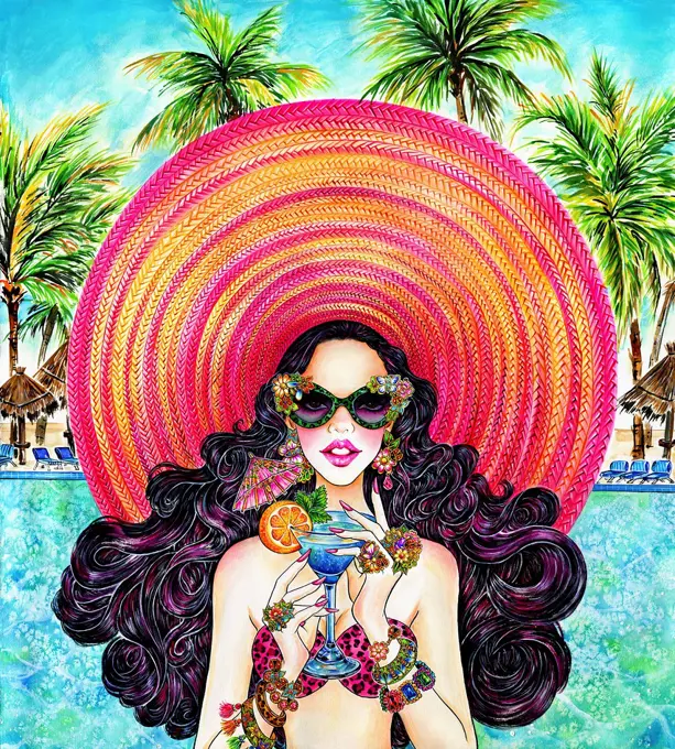 Glamorous woman wearing huge sunhat drinking tropical cocktail