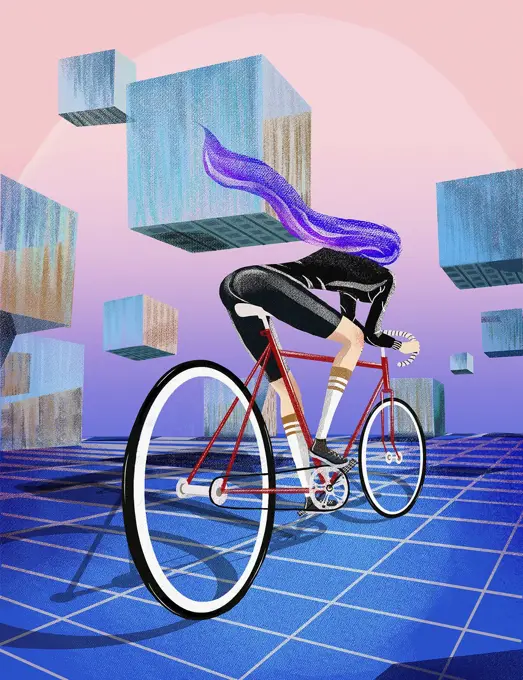 Female cyclist on racing bike in geometric landscape