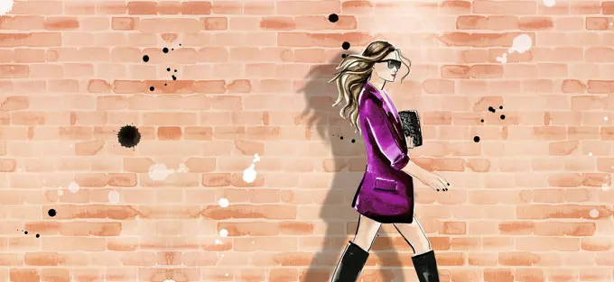 Fashion illustration of woman wearing jacket and boots against brick wall