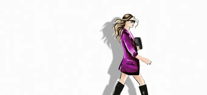 Fashion illustration of woman wearing jacket and boots against white background