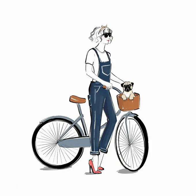Young woman with pug dog in bicycle basket