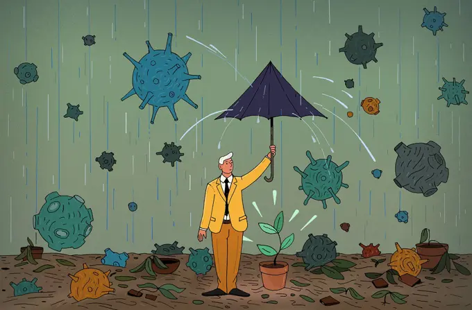 Businessman trying to protect last seedling from coronavirus rain storm