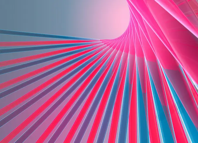 Abstract digitally generated pink and blue lines forming fan shape