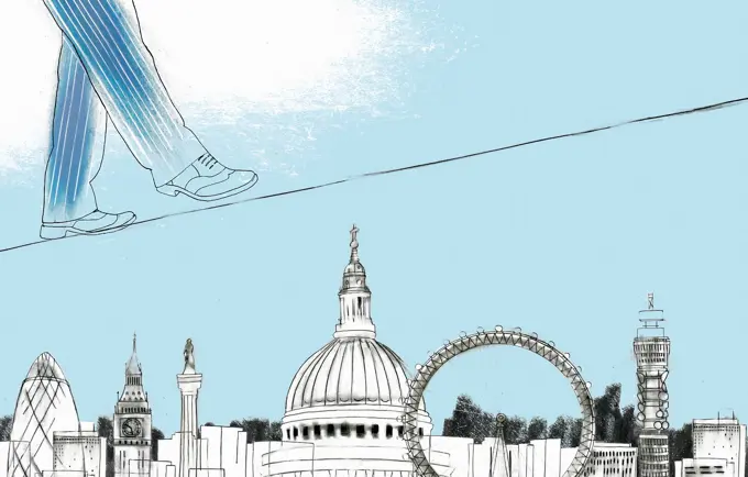Businessman walking on tightrope above sights of London