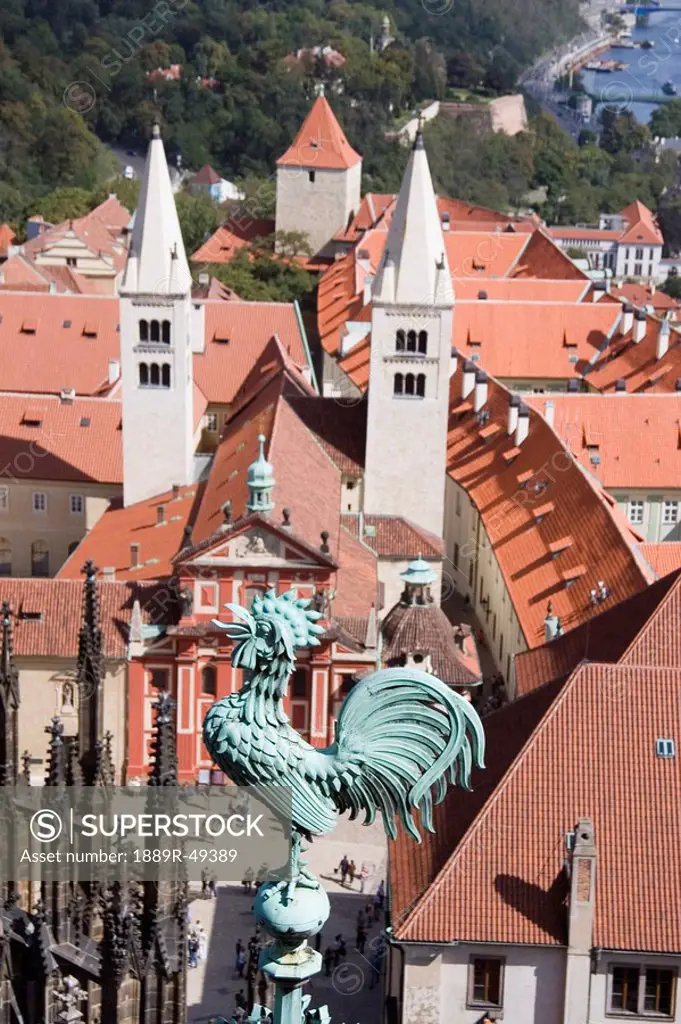 rooster on a church steeple, prague, czech republic