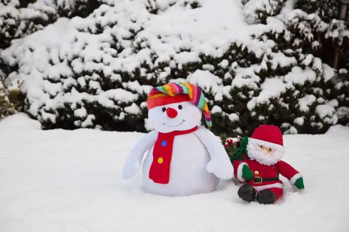 snowman with santa claus doll, whitburn, tyne and wear, england
