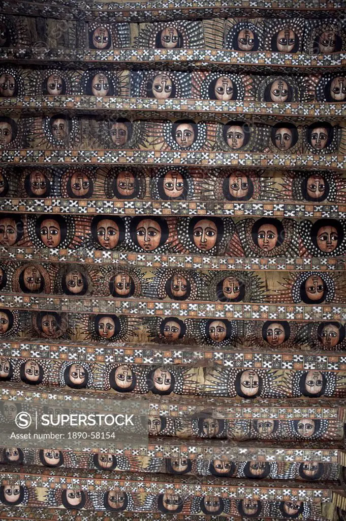 104 winged Ethiopian cherubs adorn the famous ceiling in Debre Berhan Selassie Church, Gondar, Ethiopia, Africa