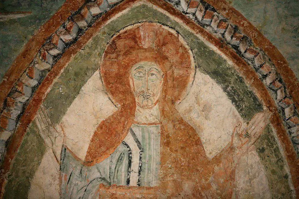 A 12th century Romanesque fresco depicting Jesus Christ, St. Chef Abbey church, Saint_Chef_en_Dauphine, Isere, France, Europe