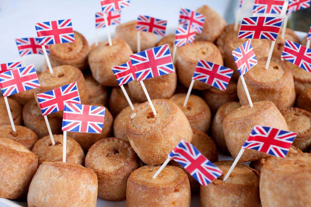 Union Jack flags on pork pies as patriotic gesture for jubilee street party celebrations in the UK