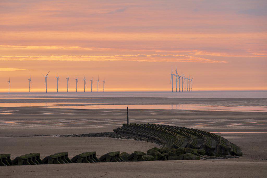 View of offshore wind farm at New Brighton, Cheshire, England, United Kingdom, Europe